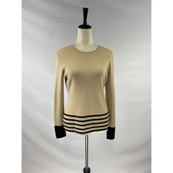 Loft Sweater Tan Camel Black Stripe Medium Merino Wool Cashmere Blend Pullover - Picture 1 of 10